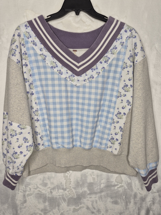 Free People Sweaters - Free People Lucy Patchwork Gingham Floral Varsity V-Neck Sweatshirt Medium